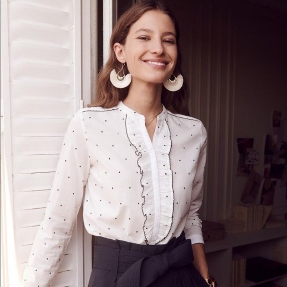 Sezane White Eyelet Ruffle Button-Up Blouse with Black Dot Detail